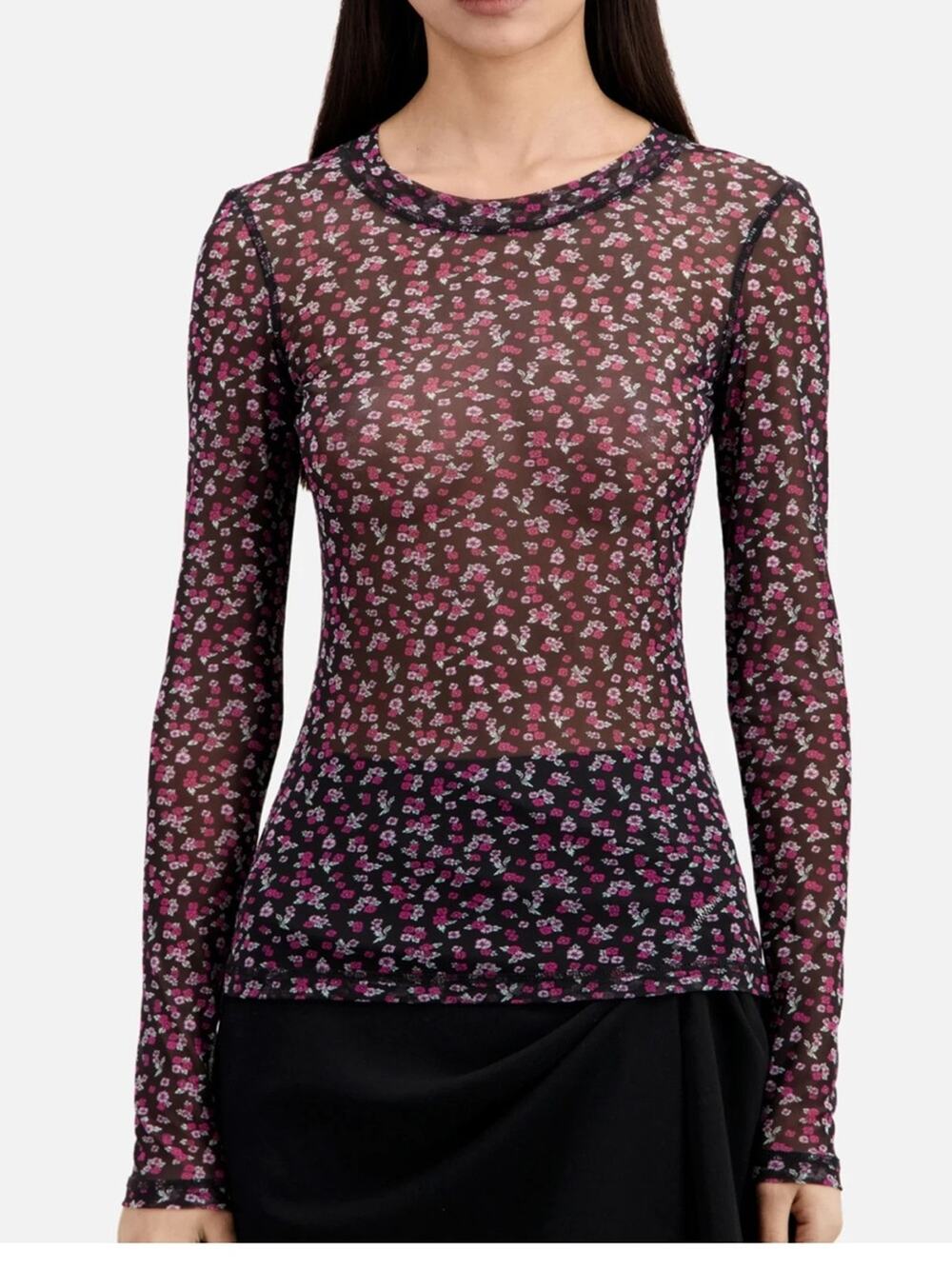 The Kooples Black Sheer Floral Long-Sleeve Mesh Top NEW Size 2 Medium MSRP $155